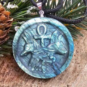 Nature Labradorite Carved Flashy Egyptian Symbols Pendant Necklace